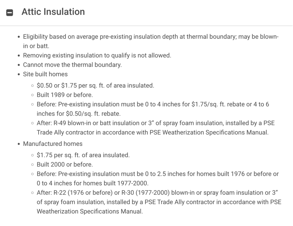 Attic insulation eligibility requirements and rebates per site homes and manufactured homes