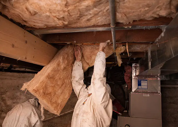 Crawl Pros professionals installing new insulation material in a crawl space