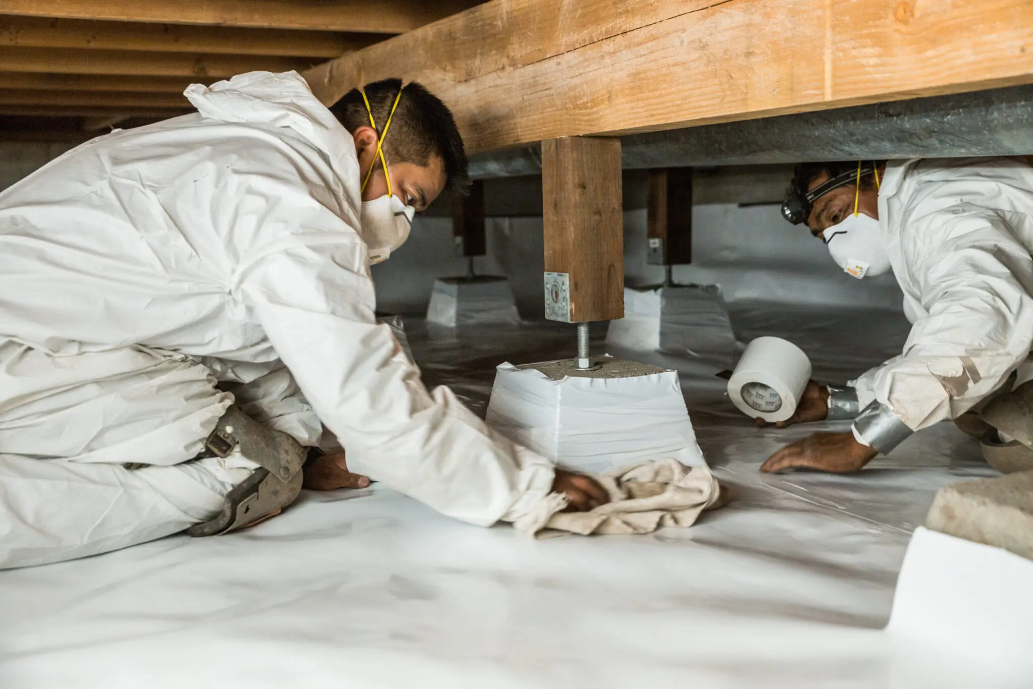 Crawl Pros professionals performing a post and pier repair and replacement by laying protective barrier in the crawl space