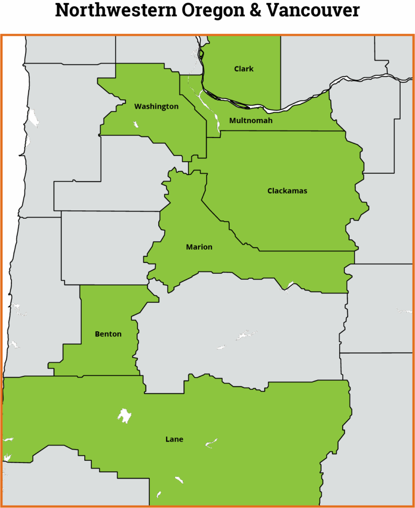 Map showing all of the counties that Crawl Pros serve in Oregon. Clark, Washington, Multnomah, Clackamas, Marion, Benton, and Lane.