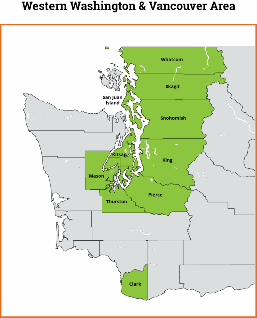 Map of the areas that Crawl Pros serve in Washington state. Whatcom, Skagit, Snohomish, King, Pierce, Thurston, Mason, Kitsag, and Clark counties.